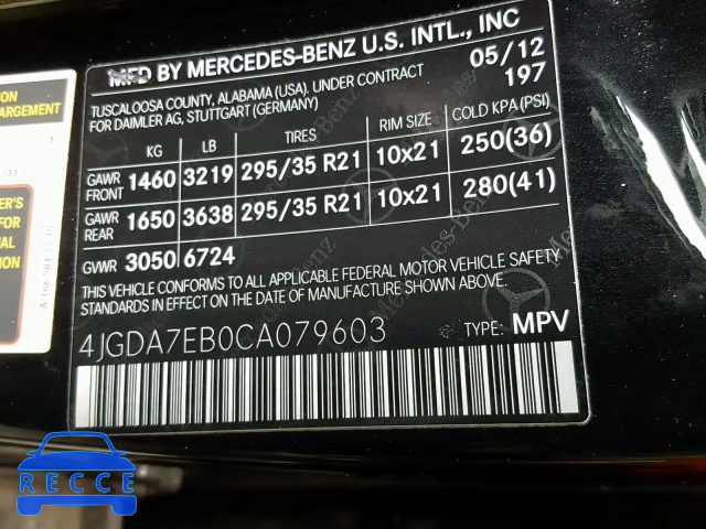 2012 MERCEDES-BENZ ML 63 AMG 4JGDA7EB0CA079603 зображення 9