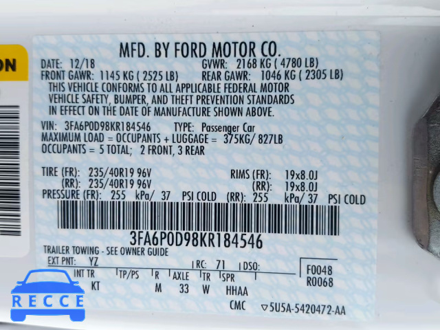 2019 FORD FUSION TIT 3FA6P0D98KR184546 Bild 9