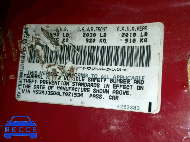 1990 SAAB 900 YS3AJ35D4L7021534 Bild 9