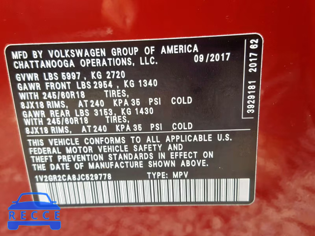 2018 VOLKSWAGEN ATLAS S 1V2GR2CA8JC529778 зображення 9