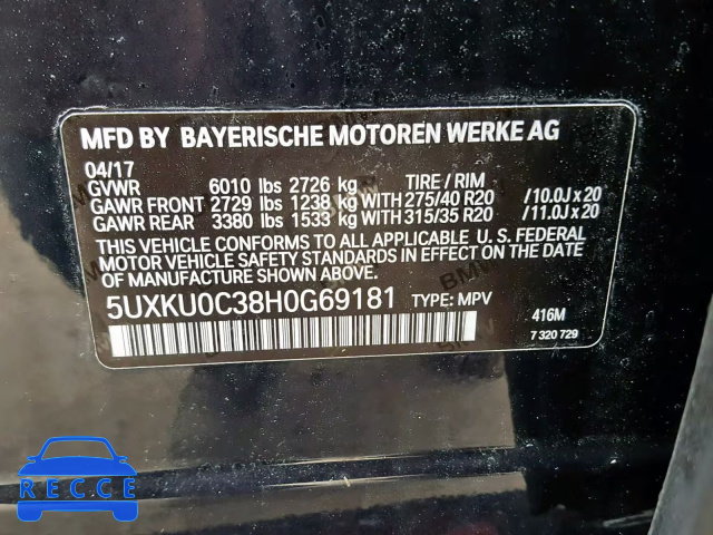2017 BMW X6 SDRIVE3 5UXKU0C38H0G69181 зображення 9