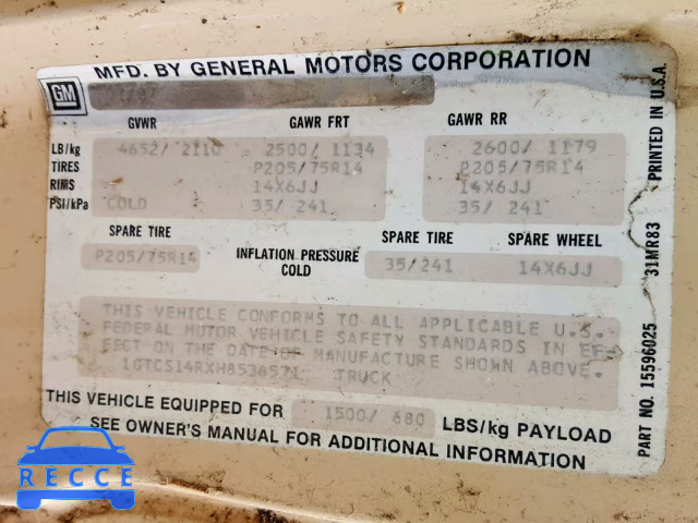 1987 GMC S TRUCK S1 1GTCS14RXH8536571 image 9