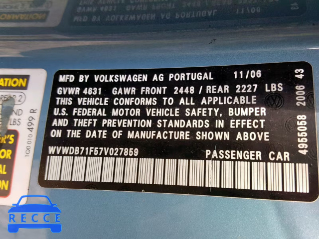 2007 VOLKSWAGEN EOS 3.2L S WVWDB71F57V027859 image 9