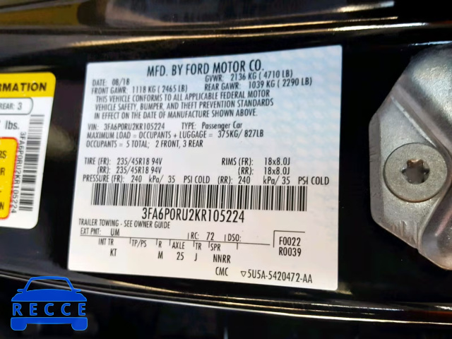 2019 FORD FUSION TIT 3FA6P0RU2KR105224 image 9