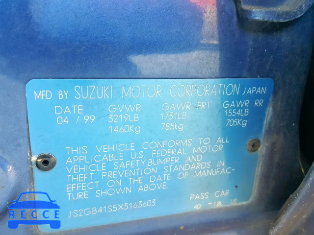 1999 SUZUKI ESTEEM GL JS2GB41S5X5163603 image 9