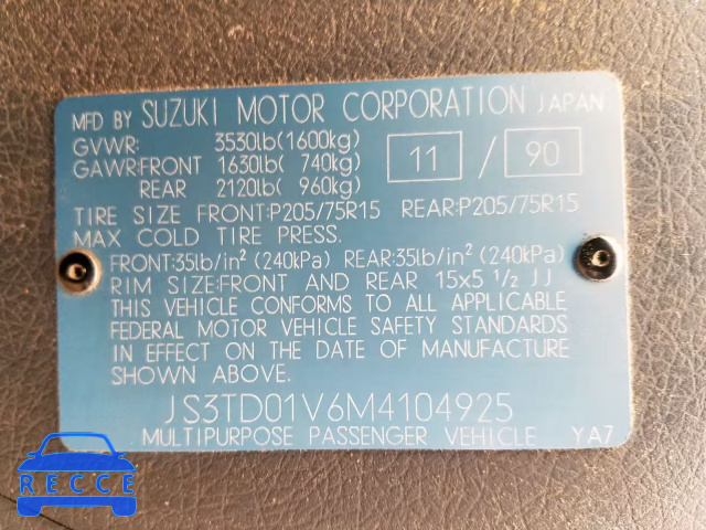 1991 SUZUKI SIDEKICK J JS3TD01V6M4104925 Bild 9