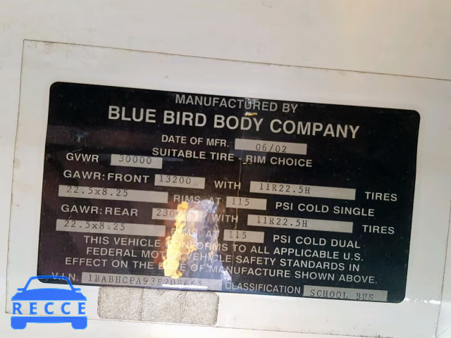 2003 BLUE BIRD SCHOOL BUS 1BABHCPA93F208665 зображення 9