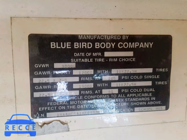 1999 BLUE BIRD SCHOOL BUS 1BAAHCSA1XF083301 image 9