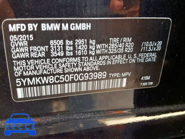 2015 BMW X6 M 5YMKW8C50F0G93989 зображення 9