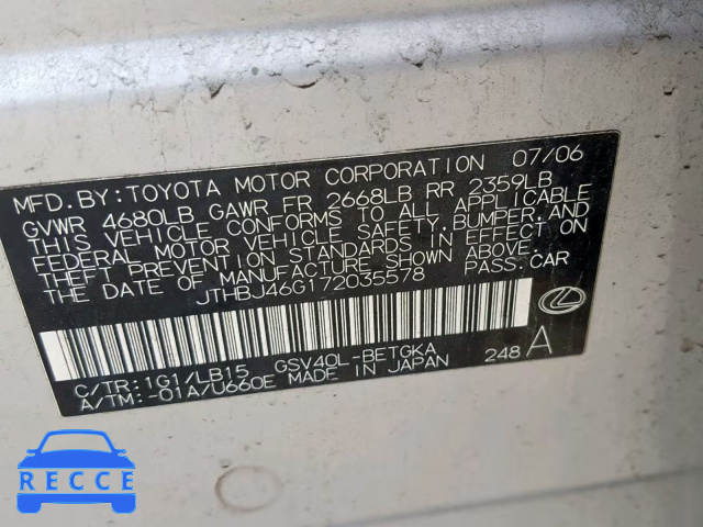 2007 LEXUS ES300 JTHBJ46G172035578 image 9