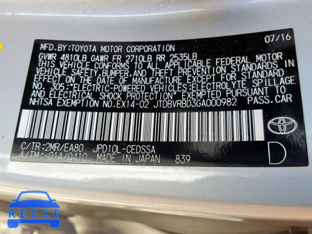 2016 TOYOTA MIRAI JTDBVRBD3GA000982 зображення 9