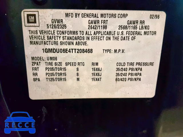 1996 PONTIAC TRANS SPOR 1GMDU06E4TT208468 image 9