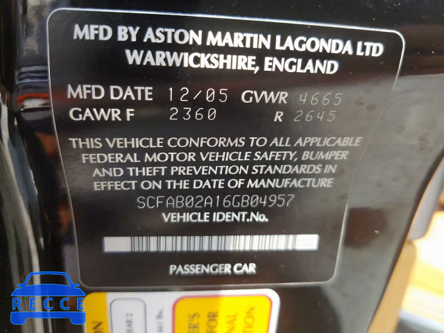 2006 ASTON MARTIN DB9 VOLANT SCFAB02A16GB04957 image 9