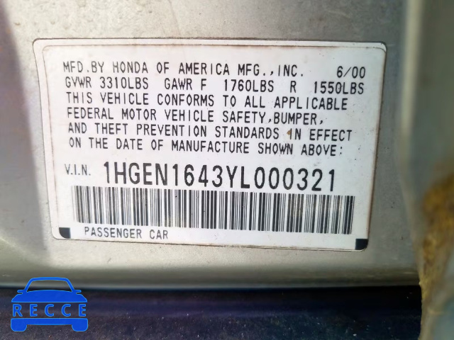 2000 HONDA CIVIC GX 1HGEN1643YL000321 image 9