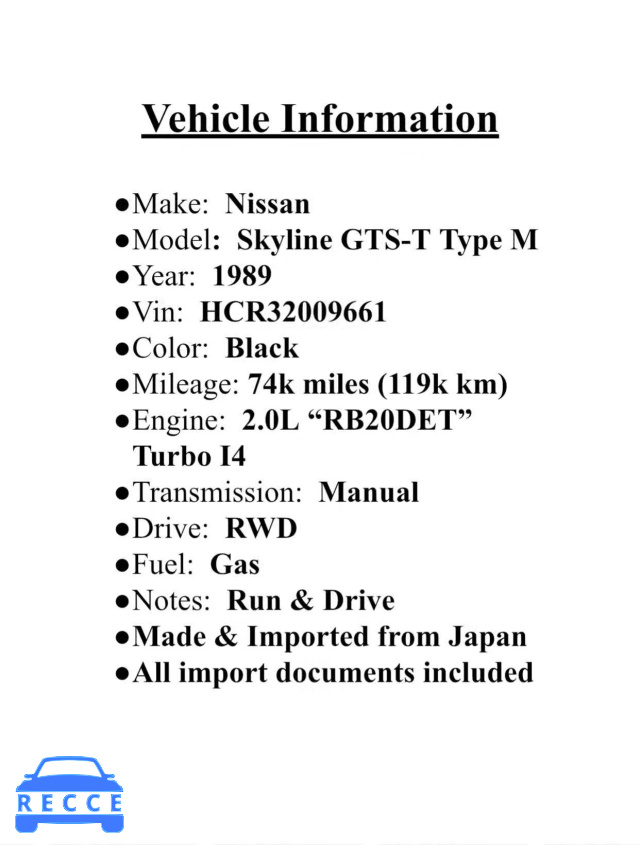 1989 NISSAN SKYLINE HCR32009661 зображення 8