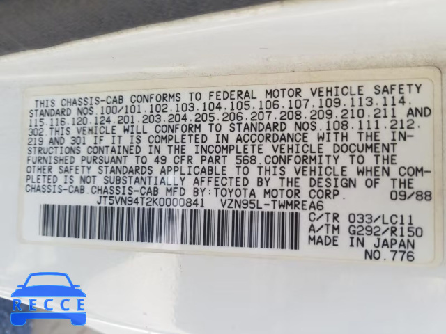 1989 TOYOTA PICKUP CAB JT5VN94T2K0000841 image 9