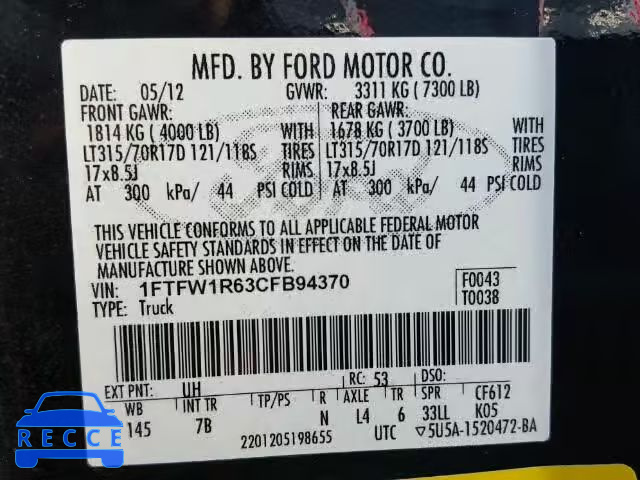 2012 FORD F150 SVT R 1FTFW1R63CFB94370 Bild 9