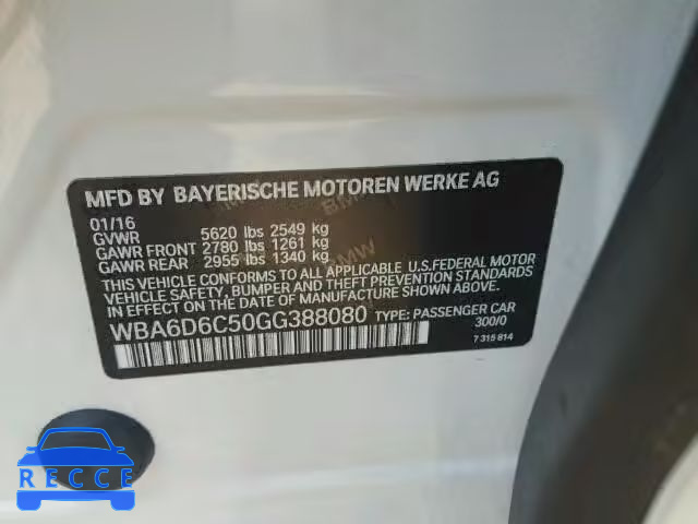 2016 BMW 650XI GRAN WBA6D6C50GG388080 зображення 9