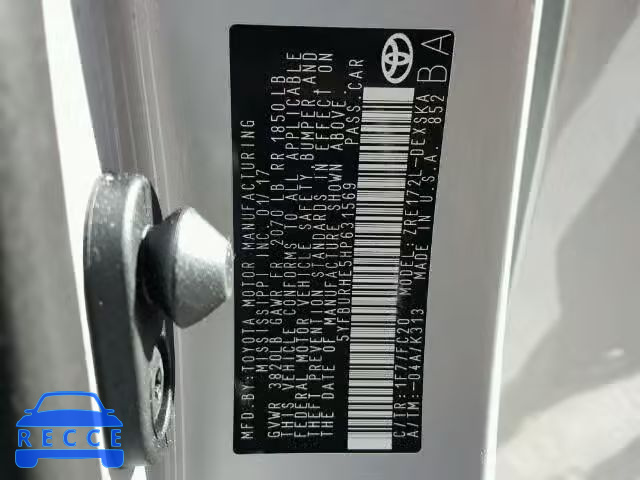 2017 TOYOTA COROLLA L 5YFBURHE5HP631569 image 9