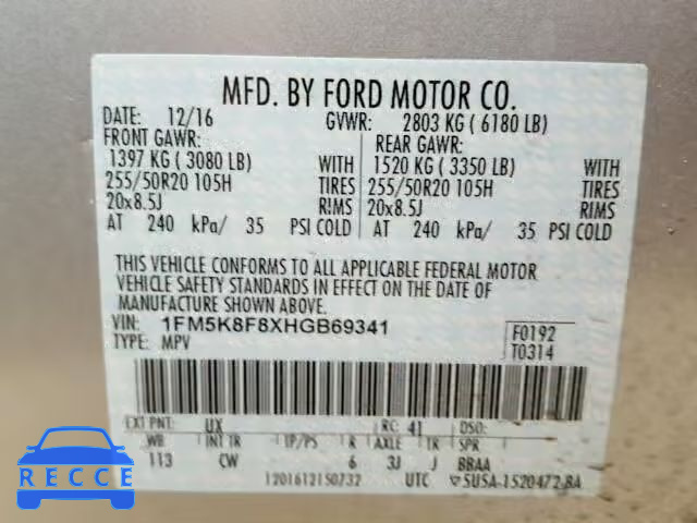 2017 FORD EXPLORER L 1FM5K8F8XHGB69341 Bild 9