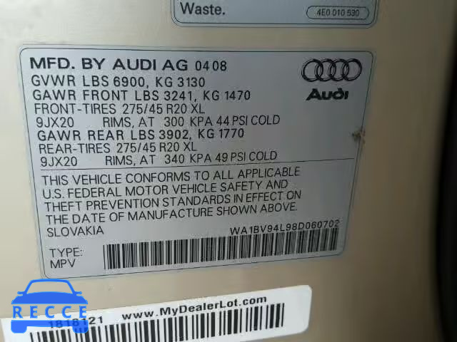 2008 AUDI Q7 4.2 QUA WA1BV94L98D060702 image 9