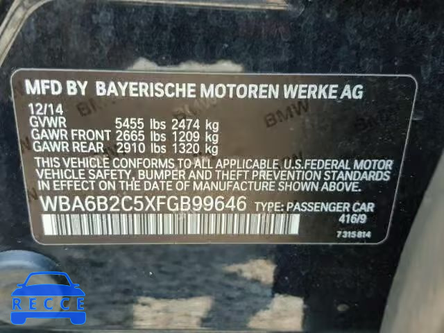 2015 BMW 650I GRAN WBA6B2C5XFGB99646 зображення 9