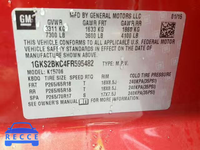 2015 GMC YUKON SLT 1GKS2BKC4FR595482 зображення 9