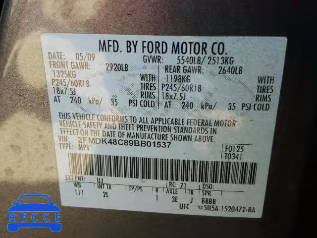 2009 FORD EDGE SEL A 2FMDK48C89BB01537 image 9