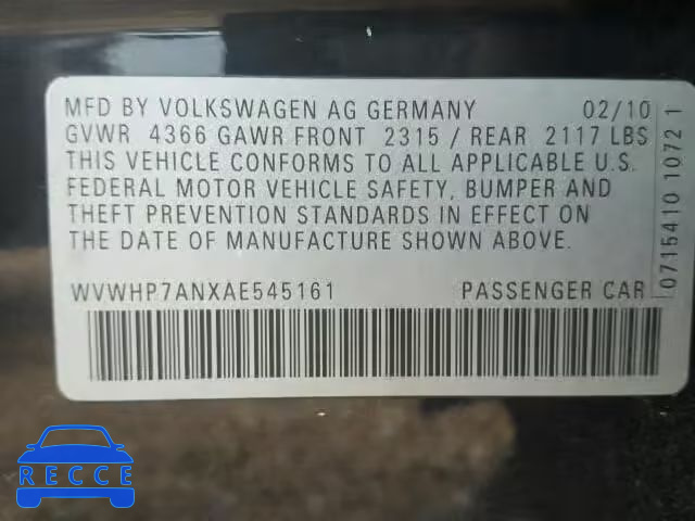 2010 VOLKSWAGEN CC LUXURY WVWHP7ANXAE545161 image 9
