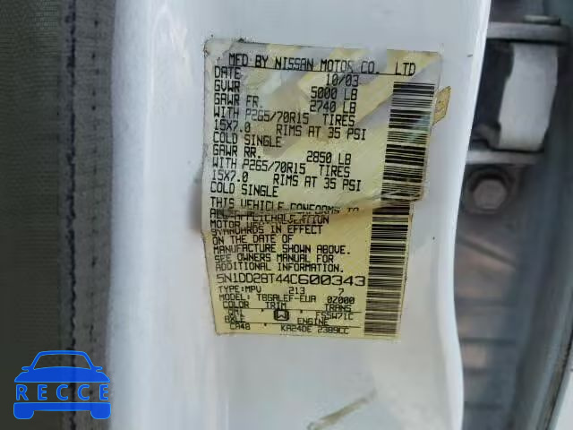 2004 NISSAN XTERRA XE 5N1DD28T44C600343 image 9