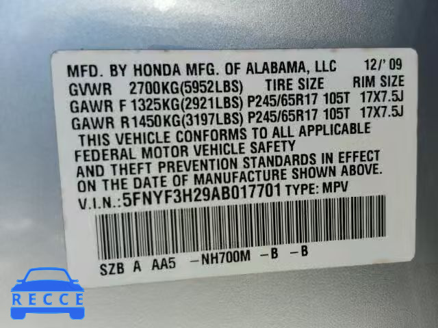 2010 HONDA PILOT LX 5FNYF3H29AB017701 image 9