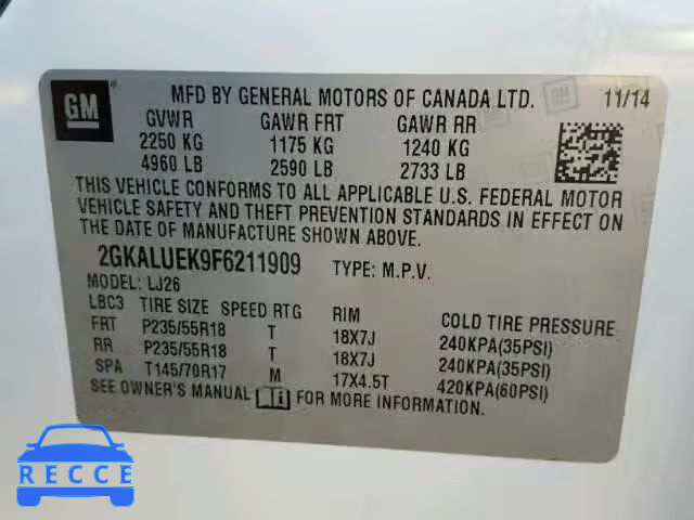 2015 GMC TERRAIN DE 2GKALUEK9F6211909 image 9