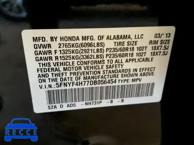 2013 HONDA PILOT EXLN 5FNYF4H77DB056454 image 9