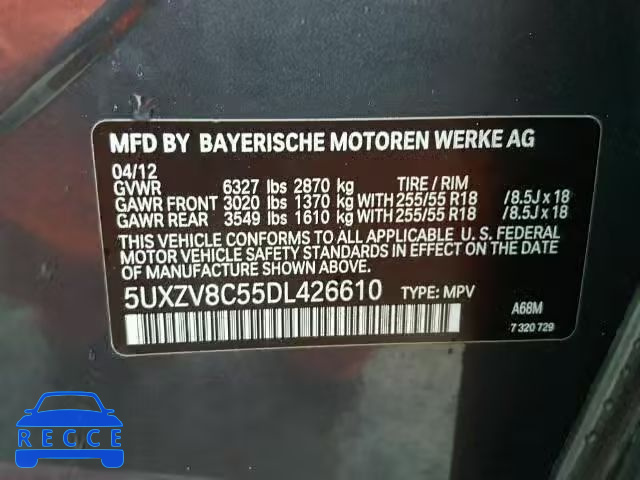 2013 BMW X5 XDRIVE5 5UXZV8C55DL426610 зображення 9