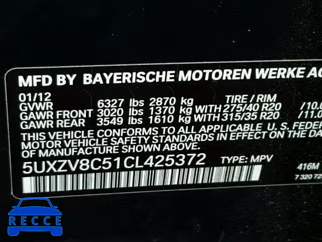 2012 BMW X5 XDRIVE5 5UXZV8C51CL425372 image 9
