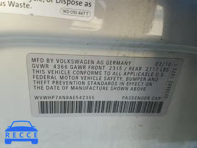 2010 VOLKSWAGEN CC LUXURY WVWHP7AN8AE542355 image 9