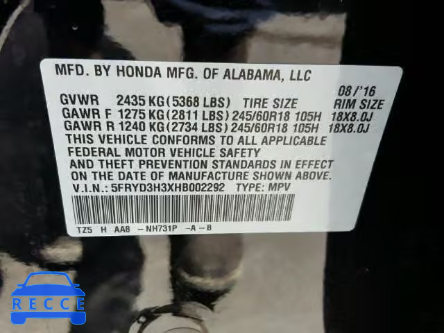 2017 ACURA MDX 5FRYD3H3XHB002292 image 9