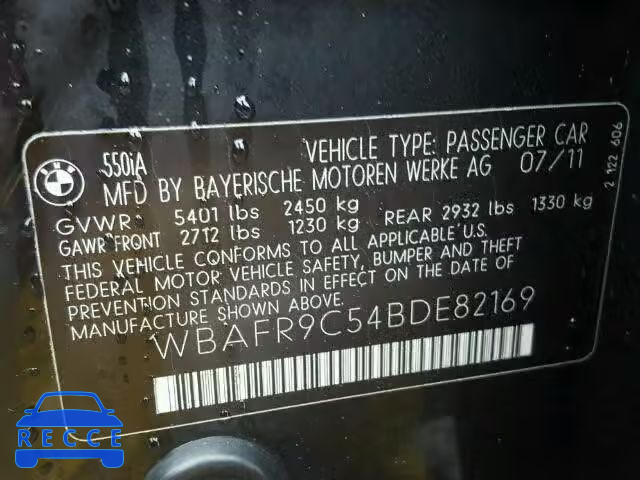 2011 BMW 550I WBAFR9C54BDE82169 зображення 9