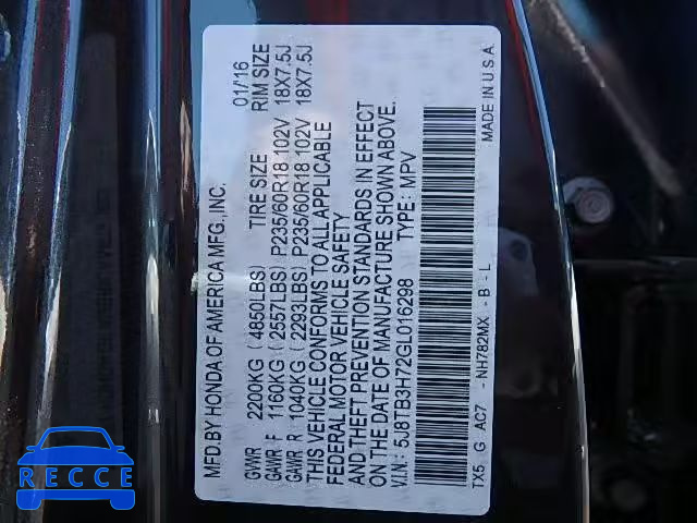 2016 ACURA RDX ADVANC 5J8TB3H72GL016298 image 9