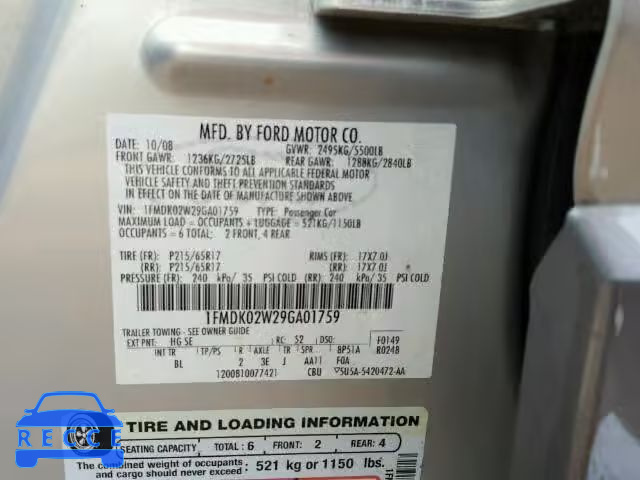 2009 FORD TAURUS X S 1FMDK02W29GA01759 зображення 9