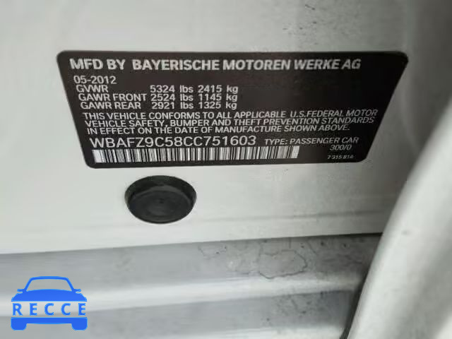 2012 BMW 535I HYBRI WBAFZ9C58CC751603 зображення 9