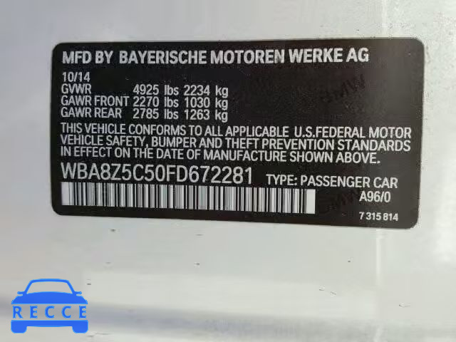 2015 BMW 328 XIGT S WBA8Z5C50FD672281 зображення 9