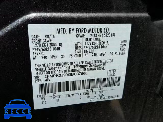 2016 FORD EDGE SEL 2FMPK3J90GBC37566 зображення 9