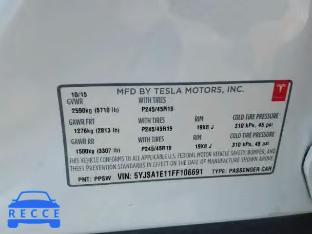 2015 TESLA MODEL S 5YJSA1E11FF106691 зображення 9