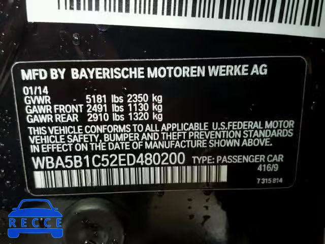 2014 BMW 535I WBA5B1C52ED480200 зображення 9
