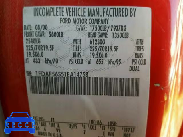 2001 FORD F550 SUPER 1FDAF56S51EA14758 image 9