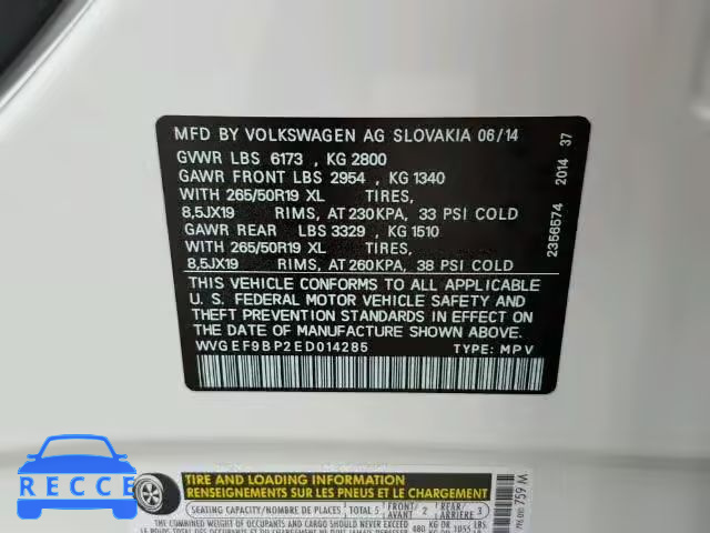 2014 VOLKSWAGEN TOUAREG V6 WVGEF9BP2ED014285 зображення 9