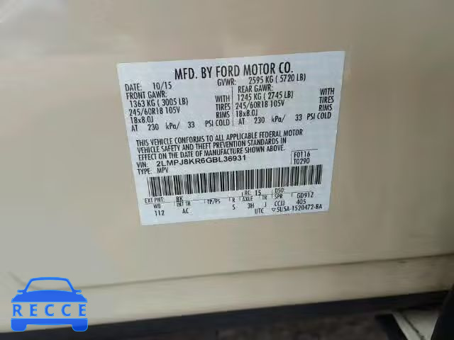 2016 LINCOLN MKX SELECT 2LMPJ8KR6GBL36931 зображення 9