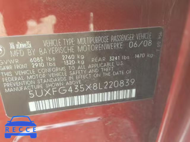 2008 BMW X6 XDRIVE3 5UXFG435X8L220839 image 9