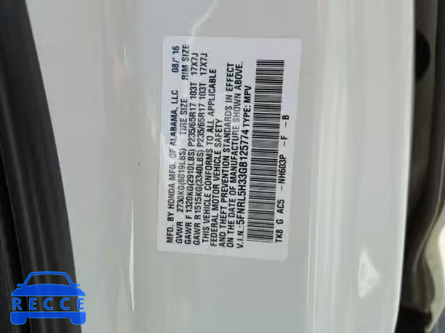 2016 HONDA ODYSSEY SE 5FNRL5H33GB125774 image 9